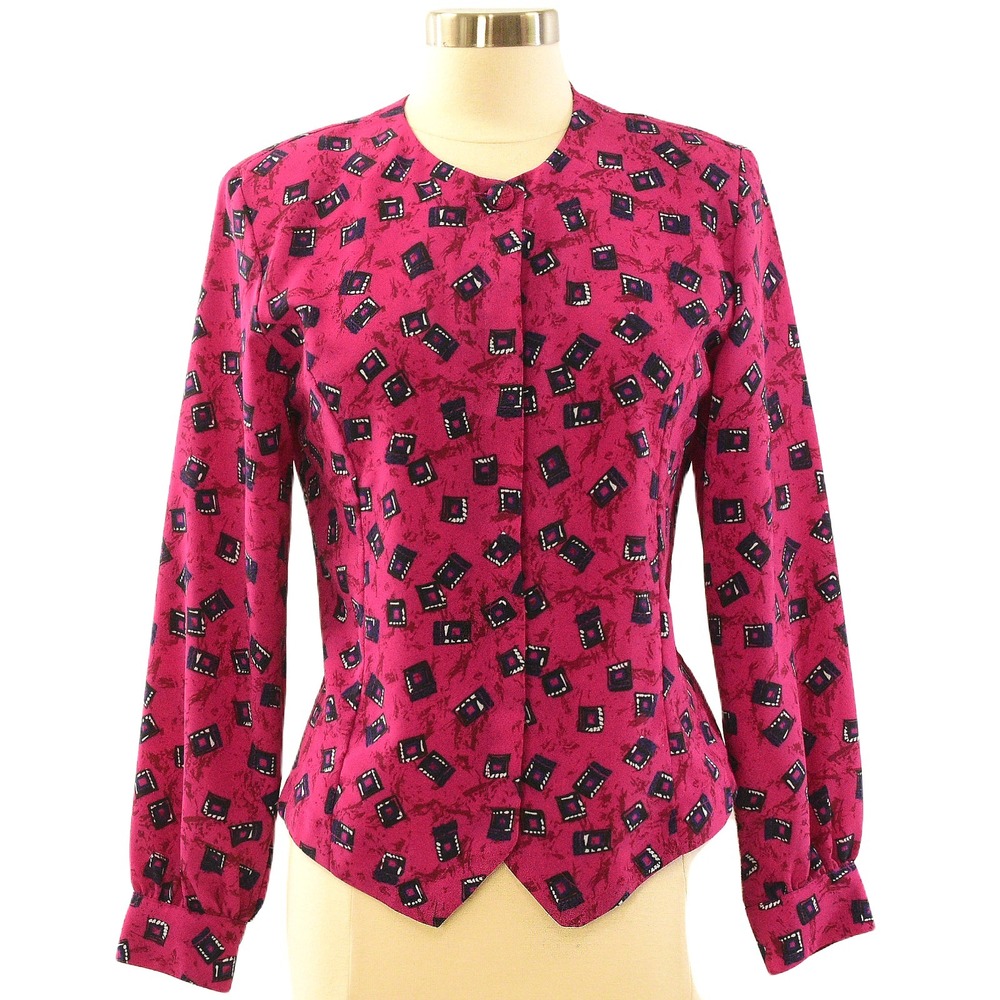80s Vintage Geometric Print Blazer Womens M 8 Fuschia Pink Abstract Mod Jacket
